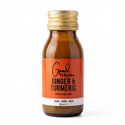 Good Shots Protein Power Shot Ginger & Turmeric bottles, 12 pack